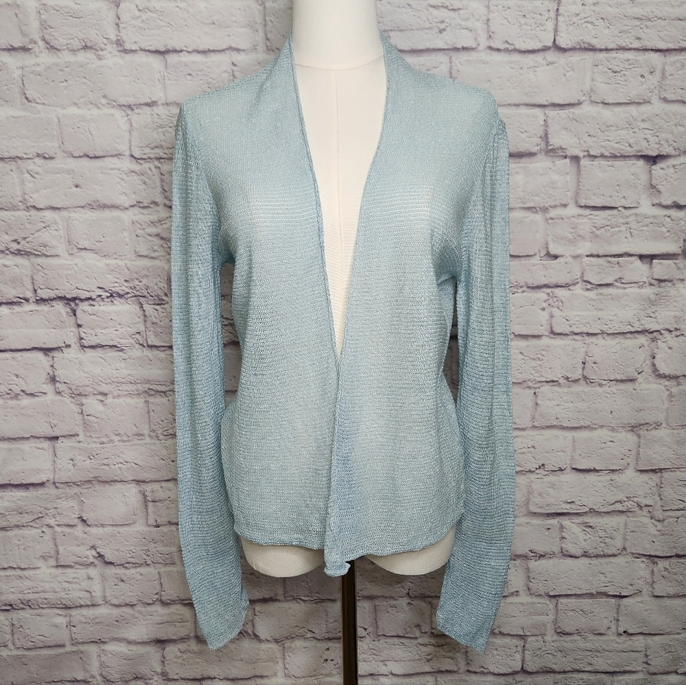Eileen Fisher Open Front Linen & Silk Knit Cardigan Light Blue Sz Small